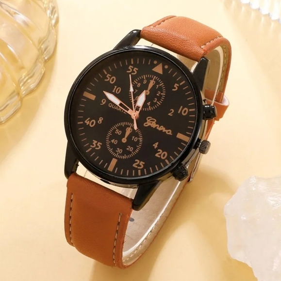 4pcs of brown and black  leather watch and bracelet - Picture 4 of 12